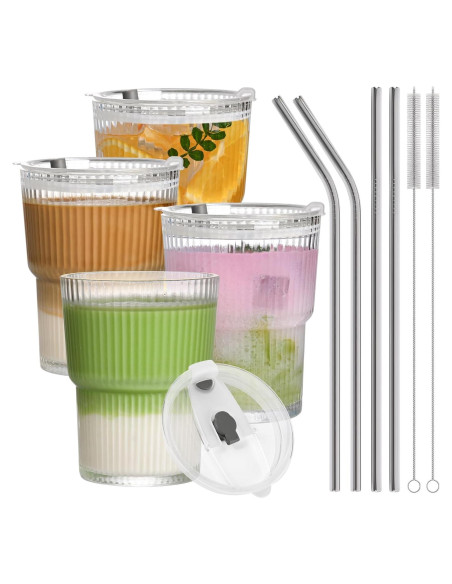 Juego de 4 Tazas de Vidrio 13oz con Tapas y Pajitas AUFXKOO