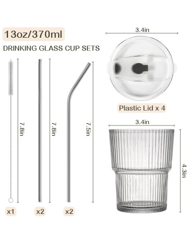Juego de 4 Tazas de Vidrio 13oz con Tapas y Pajitas AUFXKOO