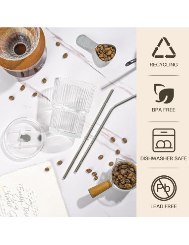 Juego de 4 Tazas de Vidrio 13oz con Tapas y Pajitas AUFXKOO