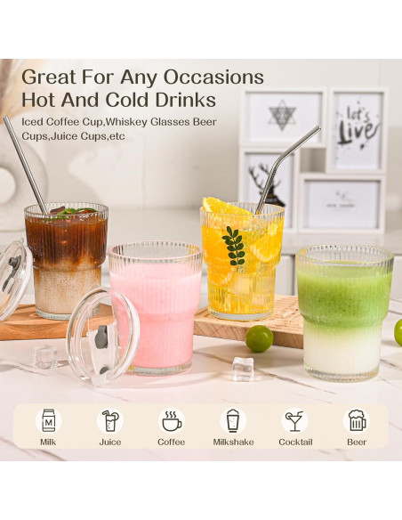 Juego de 4 Tazas de Vidrio 13oz con Tapas y Pajitas AUFXKOO