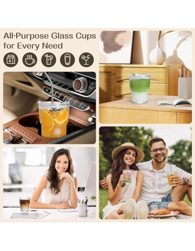 Juego de 4 Tazas de Vidrio 13oz con Tapas y Pajitas AUFXKOO