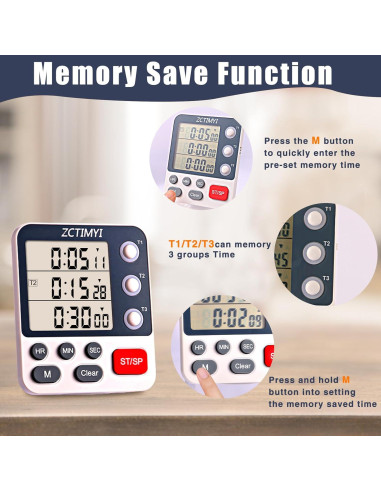 Temporizador Digital Triple ZCTIMYI con Alarma Ajustable y Memoria