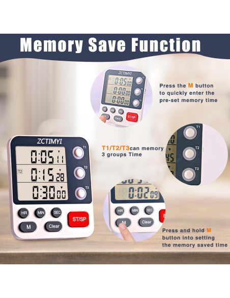 Temporizador Digital Triple ZCTIMYI con Alarma Ajustable y Memoria