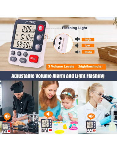 Temporizador Digital Triple ZCTIMYI con Alarma Ajustable y Memoria