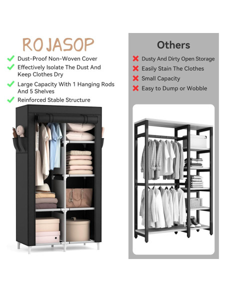 Armario Portátil Rojasop con 6 Estantes y Barra para Colgar