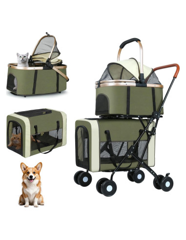 Carrito Doble para Mascotas YYW Verde - 4 en 1, 2 Transportadoras