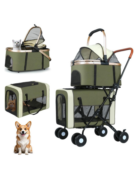 Carrito Doble para Mascotas YYW Verde - 4 en 1, 2 Transportadoras