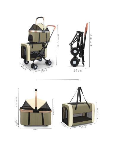 Carrito Doble para Mascotas YYW Verde - 4 en 1, 2 Transportadoras