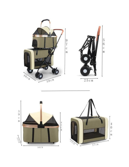 Carrito Doble para Mascotas YYW Verde - 4 en 1, 2 Transportadoras