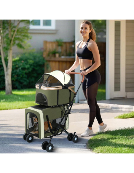 Carrito Doble para Mascotas YYW Verde - 4 en 1, 2 Transportadoras