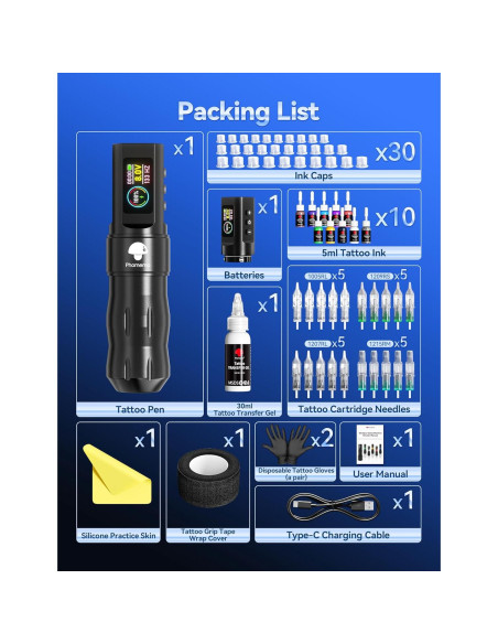 Kit de Máquina de Tatuaje Inalámbrica Phomemo con 20 Agujas