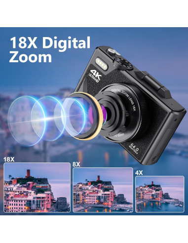 Cámara Digital Zunate 64MP 4K UHD con Zoom 18X y Pantalla 3"