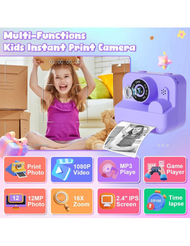 Cámara Instantánea Digital GKTZ para Niños 12MP 1080P Púrpura