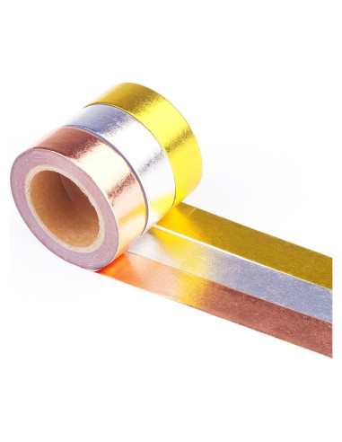 Cinta Washi Japonesa DECORA 3 Piezas Oro, Plata, Cobre 1.27cm x 10m