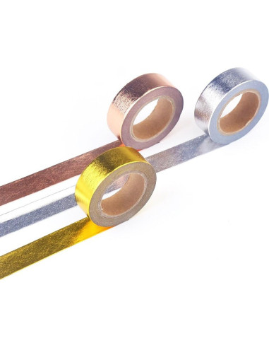Cinta Washi Japonesa DECORA 3 Piezas Oro, Plata, Cobre 1.27cm x 10m