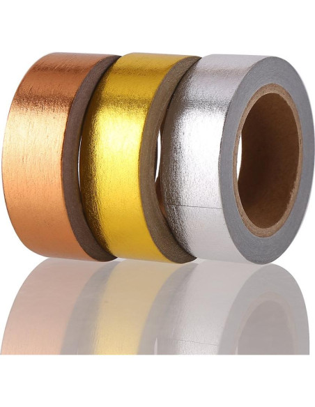 Cinta Washi Japonesa DECORA 3 Piezas Oro, Plata, Cobre 1.27cm x 10m