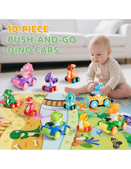 ALASOU Juguetes de Coche de Dinosaurio 10 Piezas con Alfombrilla