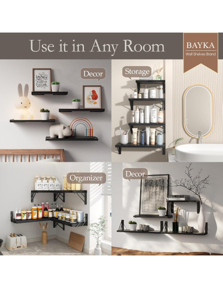 Estantes Flotantes de Madera BAYKA, Juego de 4, Negro, 16.5x5.5 cm