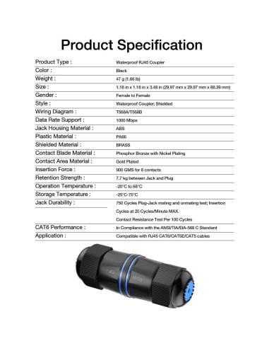 Acoplador Ethernet RJ45 VCELINK IP68 a Prueba de Agua - 3 Unidades