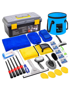 Kit de Limpieza de Coche AUTODECO 30 Piezas con Cubo Plegable