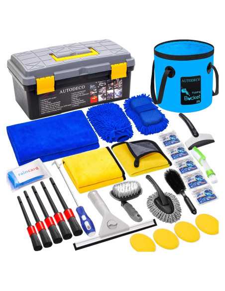 Kit de Limpieza de Coche AUTODECO 30 Piezas con Cubo Plegable