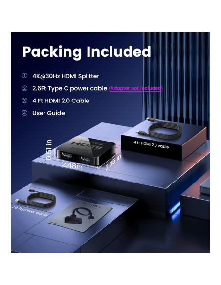 Splitter HDMI 1x2 Avedio Links 4K@30Hz con Cable 1.2m