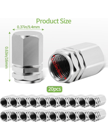 20 Tapones de Válvula de Neumático Dirvcp Aluminio Plateado