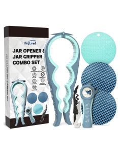 Abridor de Tarros 5 en 1 BigLeef con Sacacorchos y Alfombrillas Antideslizantes - Azul