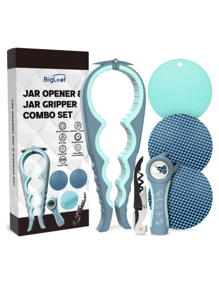 Abridor de Tarros 5 en 1 BigLeef con Sacacorchos y Alfombrillas Antideslizantes - Azul