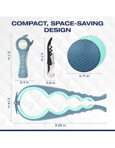 Abridor de Tarros 5 en 1 BigLeef con Sacacorchos y Alfombrillas Antideslizantes - Azul