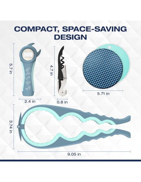 Abridor de Tarros 5 en 1 BigLeef con Sacacorchos y Alfombrillas Antideslizantes - Azul