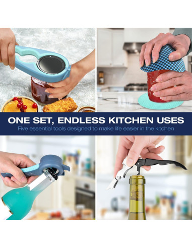 Abridor de Tarros 5 en 1 BigLeef con Sacacorchos y Alfombrillas Antideslizantes - Azul
