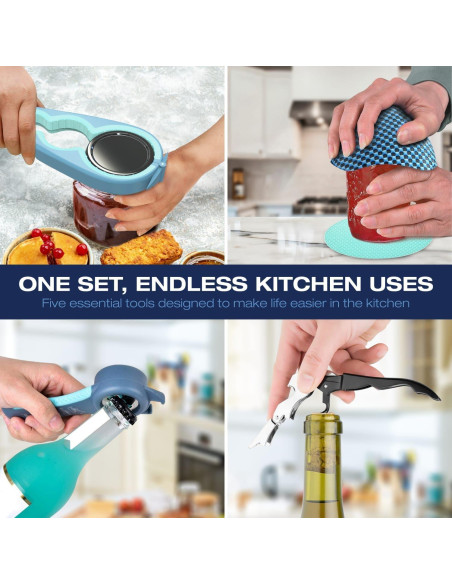 Abridor de Tarros 5 en 1 BigLeef con Sacacorchos y Alfombrillas Antideslizantes - Azul