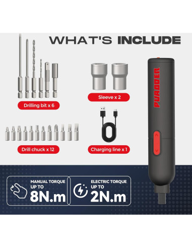 Destornillador Eléctrico Inalámbrico PUAODER 3.6V 20 Piezas
