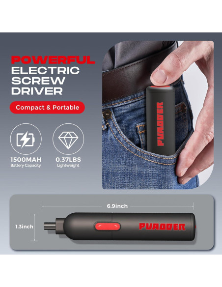 Destornillador Eléctrico Inalámbrico PUAODER 3.6V 20 Piezas