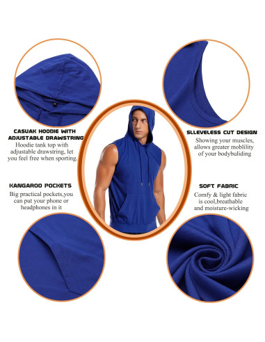 Camiseta sin mangas con capucha Amussiar para hombres azul
