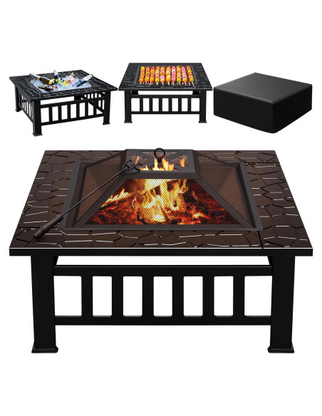 Mesa de fuego Greesum 81 cm cuadrada, metal, para patio