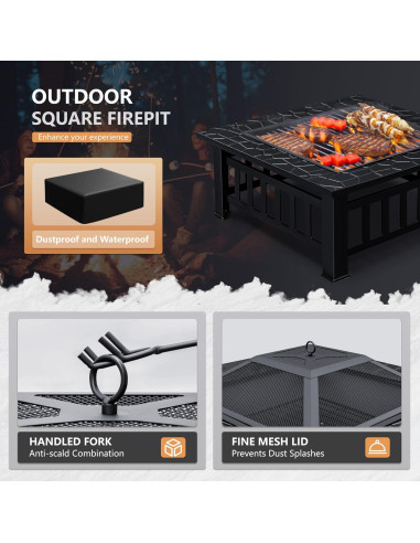 Mesa de fuego Greesum 81 cm cuadrada, metal, para patio
