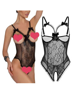 Lencería Sexy AIBINGGE Teddy Encaje Talla Grande Negro 2