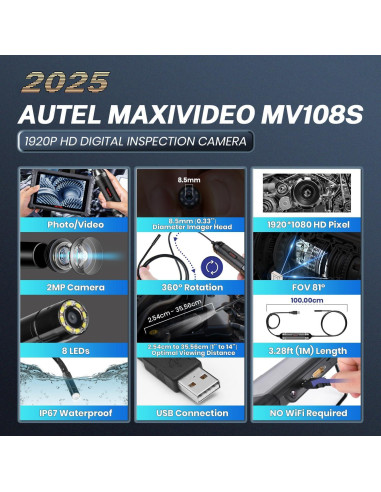 Cámara de Inspección Autel MV108S HD 1920P IP67 8.5mm