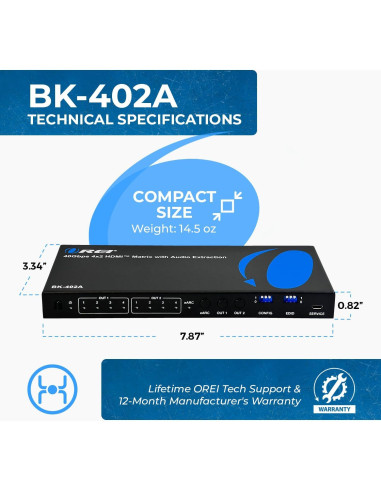 Interruptor Matriz HDMI 8K OREI BK-402A 4x2 con Extractor de Audio