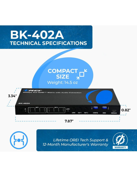 Interruptor Matriz HDMI 8K OREI BK-402A 4x2 con Extractor de Audio