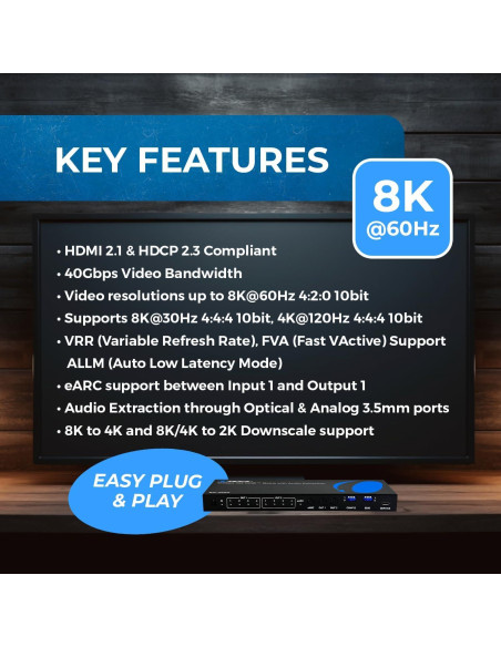 Interruptor Matriz HDMI 8K OREI BK-402A 4x2 con Extractor de Audio