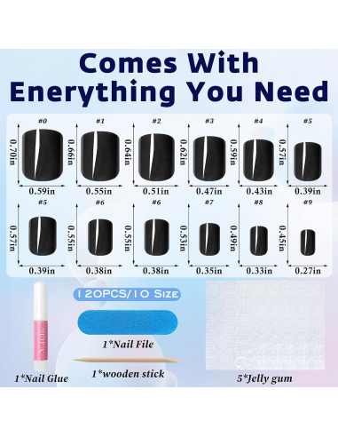 120 Uñas Postizas Cortas Negras Bellelfin con Adhesivo