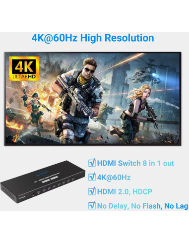 Conmutador HDMI 8 en 1 Suceem 4K 60Hz con Control Remoto
