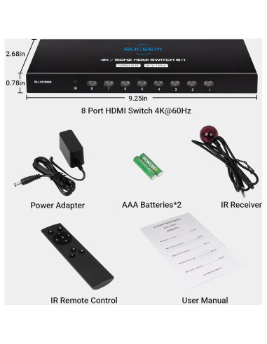 Conmutador HDMI 8 en 1 Suceem 4K 60Hz con Control Remoto
