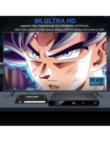 Conmutador HDMI 8K PONYBRO 4 Puertos 48Gbps Automático
