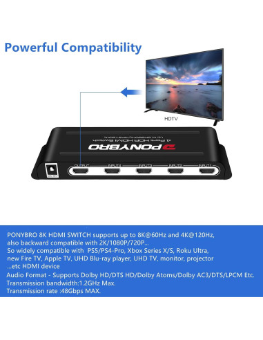 Conmutador HDMI 8K PONYBRO 4 Puertos 48Gbps Automático