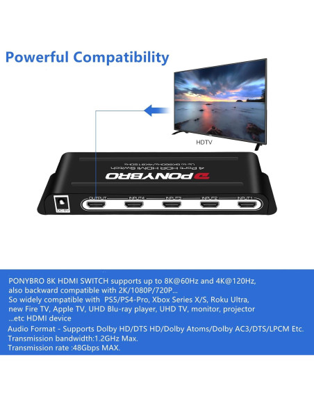 Conmutador HDMI 8K PONYBRO 4 Puertos 48Gbps Automático