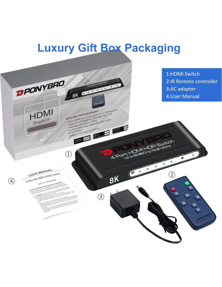 Conmutador HDMI 8K PONYBRO 4 Puertos 48Gbps Automático